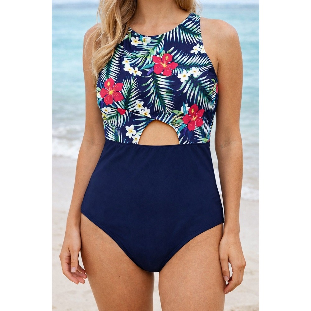 CUPSHE Tropical Navy Cut-Out‎ One- Piece Swimsuit – Flattering & Stylish size L